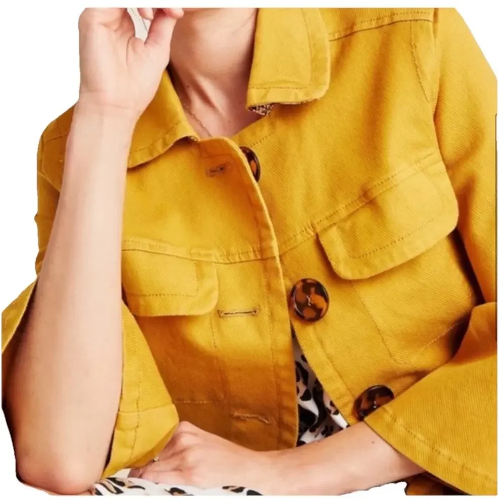 ANTHROPOLGIE Nora Flounce-Sleeved Trucker Short Jacket Small Mustard 3/4 Sleeve - Picture 4 of 11